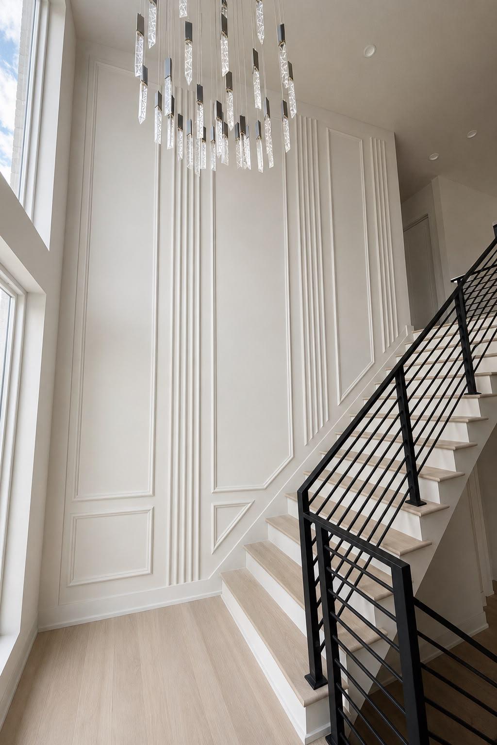 Double-height foyer with wainscoting, crystal cascade chandelier and black steel stair railing